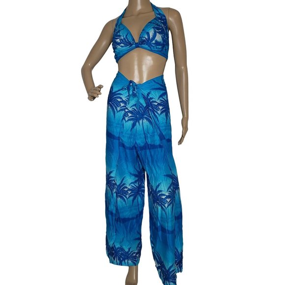 in gear Hawaiian blue palm tree one size outfit bikini top with tie pants. - Picture 2 of 10